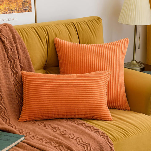 MIULEE Fall Pack of 2 Orange Pillow Covers - 12x20 Inch Soft Boho Striped Corduroy Decorative Cushion Cases