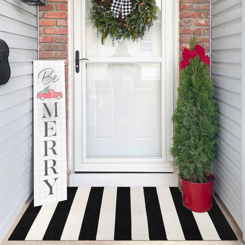 LEEVAN Black and White Striped Door Mat, 2'x4', Washable Reversible Cotton Woven Rug for Indoor/Outdoor