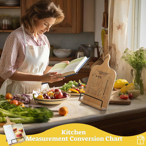 Bamboo Cookbook Stand: Sturdy Holder with Measurement Conversion Chart for Kitchen