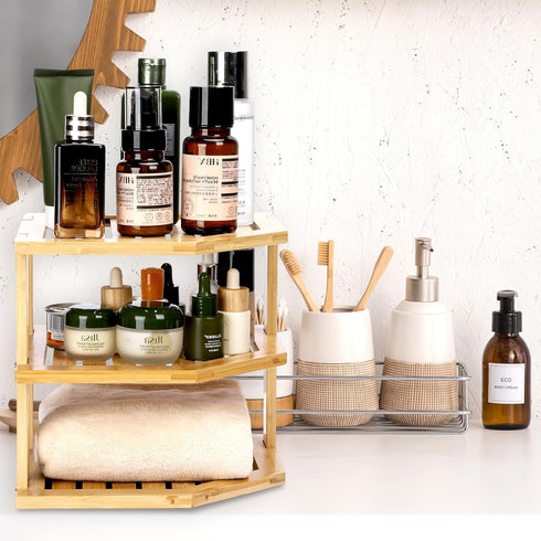 Countertop, 3-Tier 3 (9.5, Plate Organizer for Cabinet and Kitchen Bamboo Corner Shelf - Space Saver, Tier Shelf