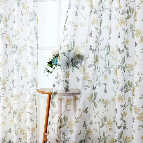 Tollpiz Short Sheer Floral Tier Curtains, Yellow Flower Butterfly Printed Kitchen Voile Curtains, Set of 2 Panels