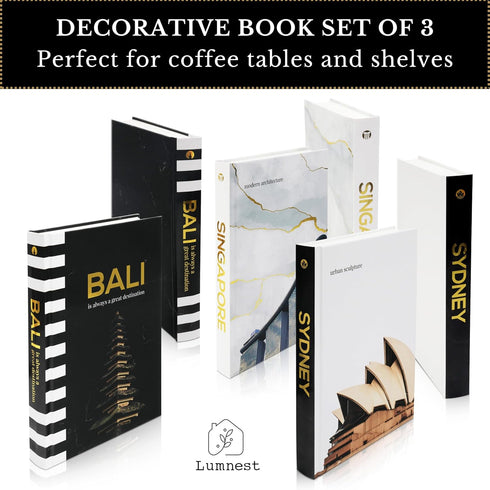 Set 3 Decorative Books for Home Decor - Black and Gold Foiled Decor Books for Coffee Table - Decorative Hardcover