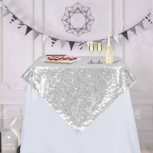 PartyDelight Silver Sequin Tablecloth Overlay 50 X 50 Inch for Wedding, Party, Birthday, Bridal, Baby Shower Decorations