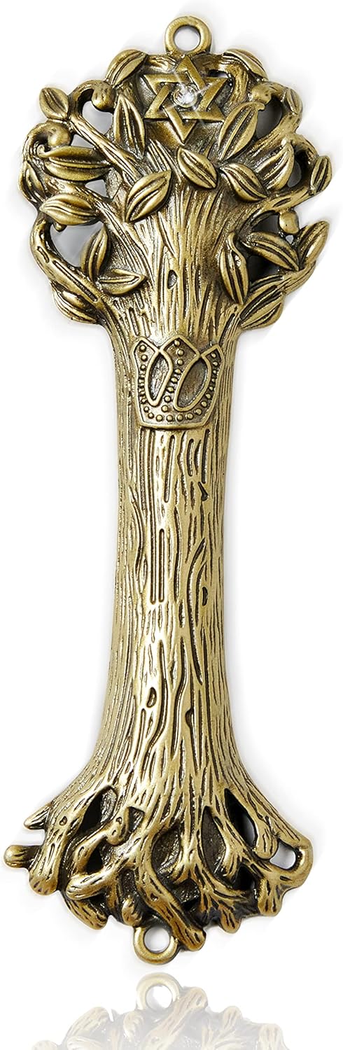 Bless This House, Tree of Life - Mezuzah Case, Wooden Texture Gold Color Design with David Star, for Jewish Homes
