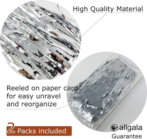 Allgala 2-Pack Silver Tinsel Table Skirt, 29x108 Inch Metallic Foil Fringe for Party Event, Parade Float Decoration