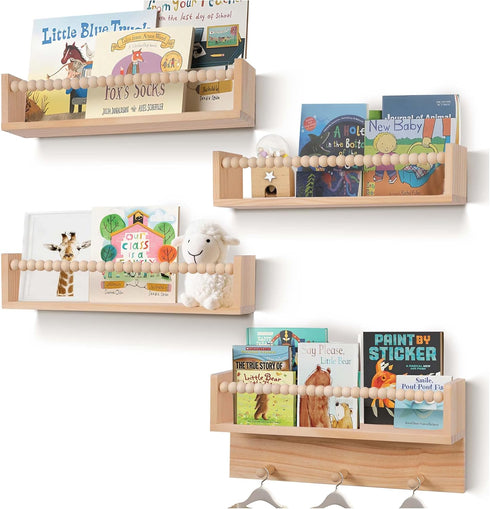 Generic BOMID Wall Bookshelves,Set of 4 Natural Wood Floating Bookshelf,Nursery Shelves,Floating Book Shelves