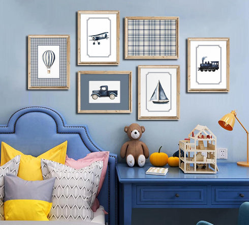 6Pcs Sailboat 12"x16" Vintage Transportation Nursery Wall Art Navy Blue Hot Air Balloon Biplane Train Truck Pictures