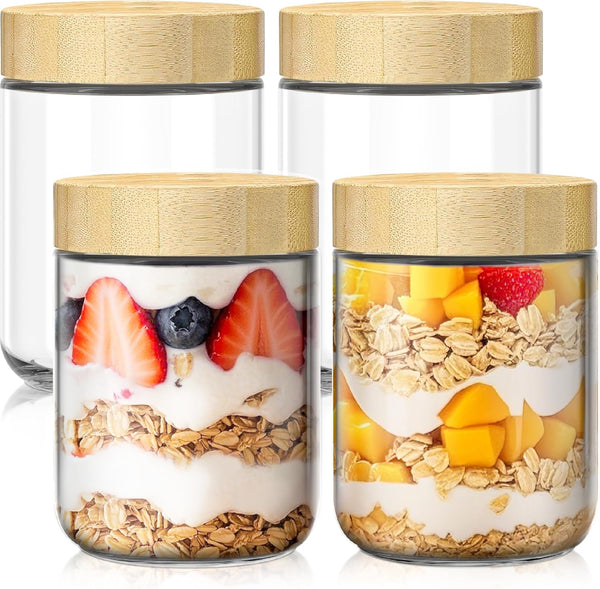 4 pack 16oz Overnight Oats Containers with Bamboo Lids, Glass Jars with