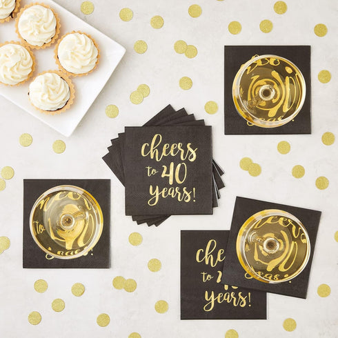 BLUE PANDA 40th Birthday Napkins - 50-Pack 3-Ply 5 x 5 in Black & Gold Foil - Cheers to 40 Years Design for Birthday &