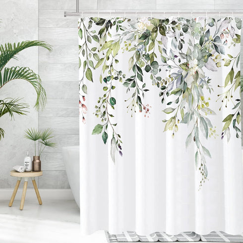 Tititex Sage Green Eucalyptus Shower Curtain, Watercolor Leaves Plant Design, 72x72 Inch with Hooks for Bathroom