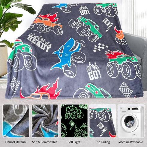 COMFAR 3-12, 40"x 50" Glow in The Dark Monster Truck Blanket for Boys/Girls/Kids/Toddler/Baby, Monster Truck Toys
