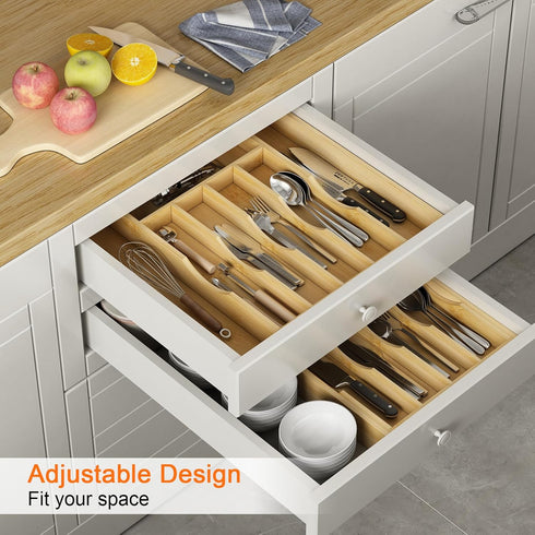 Bamboo Utensil Organizer for Kitchen Drawers, Expandable Tray and Cutlery Holder, Wood Dividers with 7 Adjustable Slots