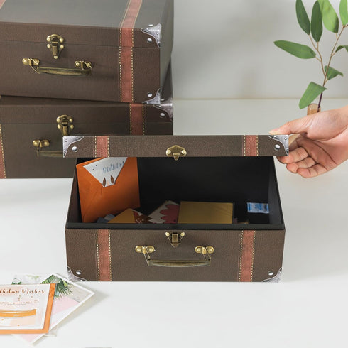 Soul & Lane Set of 3 Cardboard Suitcase Boxes with Handle, Brown Travel-Themed Paperboard Boxes for Decoration
