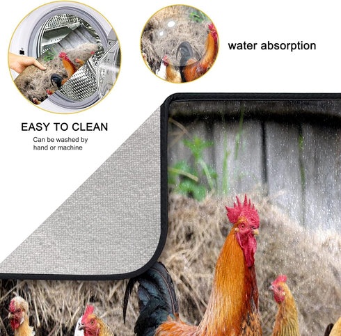 Rooster Chicken Dish Drying Mat for Kitchen Counter, Absorbent Microfiber Reversible Dish Drainer Mats, 18 x 16 In