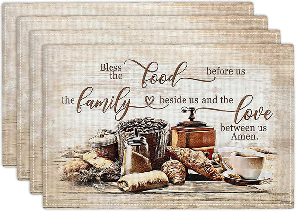 Christian Coffee Placemats Set of 4, Bless The Food Before Us Place