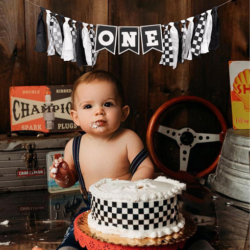 VANGNING 1st Race Car High Chair Banner - Black White Race Car Highchair Banner Birthday Decorations,First Birthday