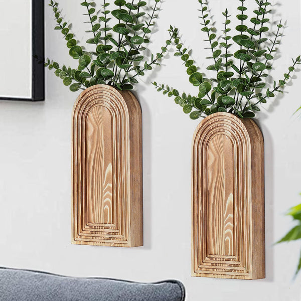 Dnnnii 2 Pack Wooden Wall Vase Set - Brown Finish Modern Farmhouse