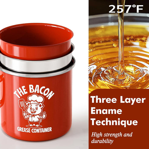15OZ PGYARD Mini Bacon Grease Saver With Strainer - Enamel Grease Container, Farmhouse Bacon Grease Keeper For Kitchen