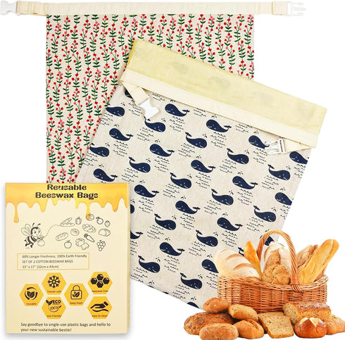 Reusable Beeswax Bread Bags for Homemade Sourdough: XL 13x17in (2 Pack) Eco-Friendly