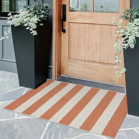 OJIA 24"x35" Front Door Mat, Cotton Woven Washable Orange Striped Porch Rug for Indoor Outdoor