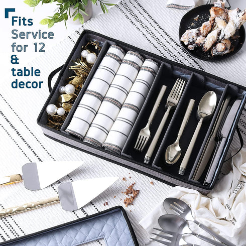 Durable Silverware Storage Box - 5 Compartment Flatware Case with Padded Dividers, Handles, Removable Lid
