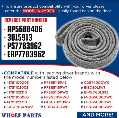 Whole Parts Dryer Felt Seal Gasket Part# 137565300, Replacement for Electrolux, Frigidaire, Crosley, Kenmore Dryers