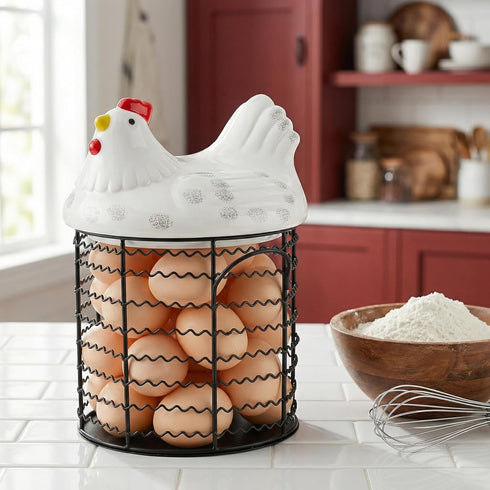 Hiceeden Metal Wire Chicken Egg Storage Basket, Decorative Fresh Egg Holder with Ceramic Chicken Design Lid, Portable