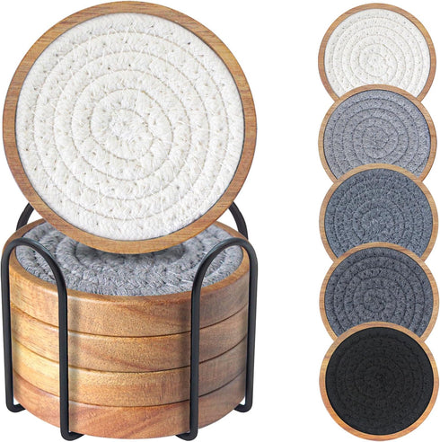 Coasters for Drinks Absorbent Sets of 5, Woven Coasters with Holder for Coffee Table, Gray Series