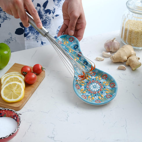 Handmade Ceramic Spoon Rest for Stove Top, 10" Colorful Kitchen Counter Utensil Holder, Dishwasher Safe