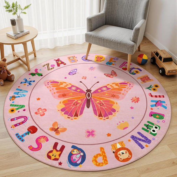 ABC Kids Alphabet Round Rug 4ft Washable Soft Circle Nursery Rug, Non-Slip