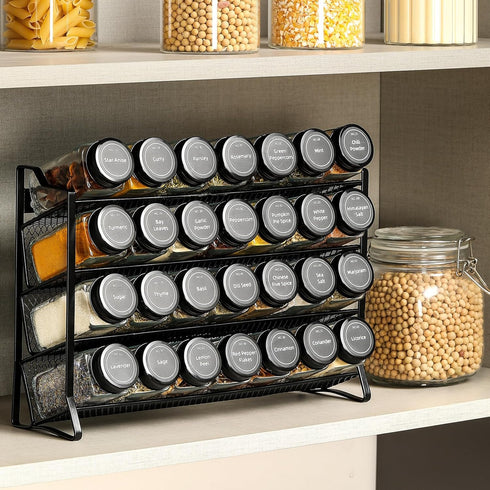 AOZITA 28 Countertop, Spice Rack Organizer for Cabinet, Spice Organizer with Empty Spice Jars with Black Lids, Funnel