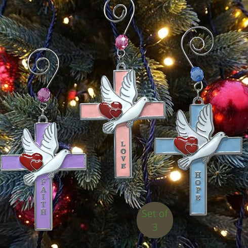 Faith Hope Love Cross Christmas Ornaments, Set of 3 Religious Crosses with Doves, Hearts, Inspirational Xmas Gift