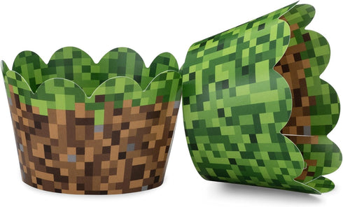 Pixel Grass Themed Cupcake Wrappers for Boys Birthday Parties, Set of 24 Reversible Engineer Builder Grass and Green