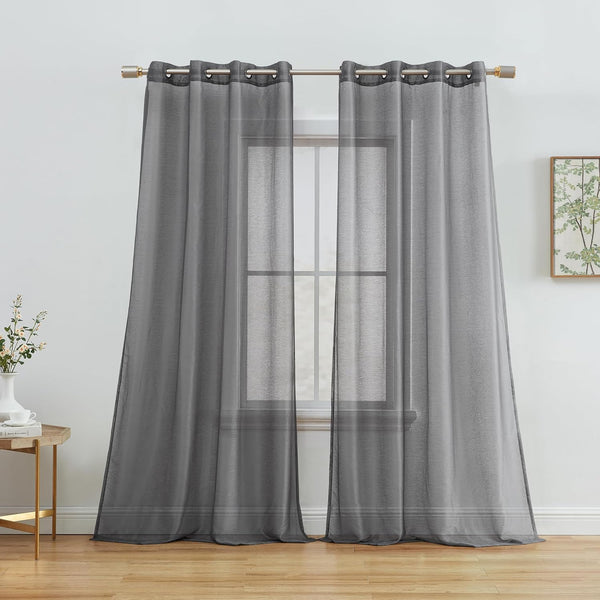 HLC.ME 2 Piece Semi Sheer Voile Light Filtering Window Curtain Grommet Panels for Bedroom, Charcoal Grey - 54 W x 72