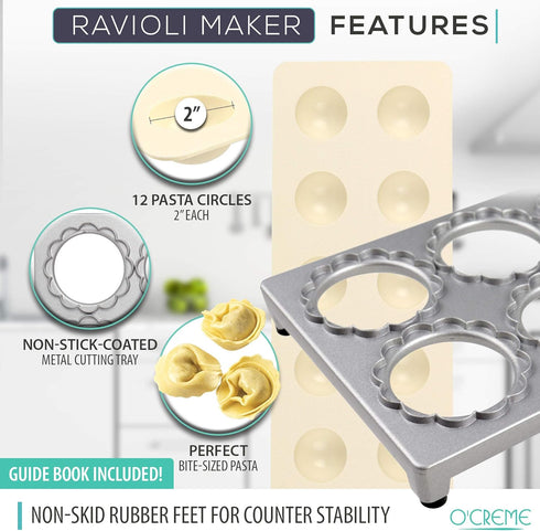 O’Creme Ravioli Maker for 12 Circles, Each 1-7/8 Inch, with Non-Stick-Coated Metal Cutting Tray