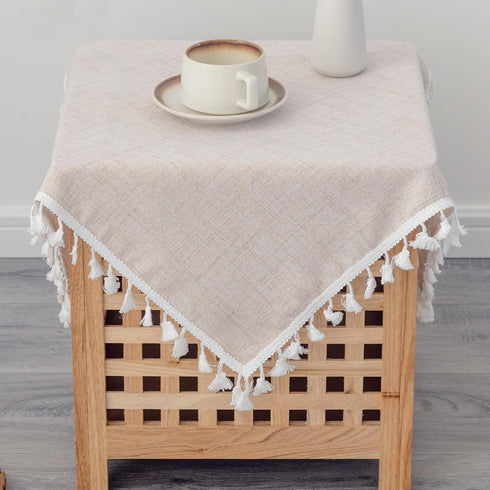 24 24 Inch Linen Small Square Tablecloth x Beige Washable Wrinkle Resistant Table Cover with Tassels Farmhouse