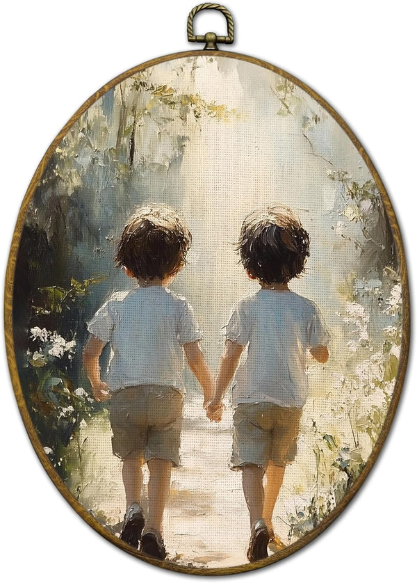 QZQE Vintage Boys Room Nursery Oval Wall Art Decor Framed, Rustic Countryside Oval