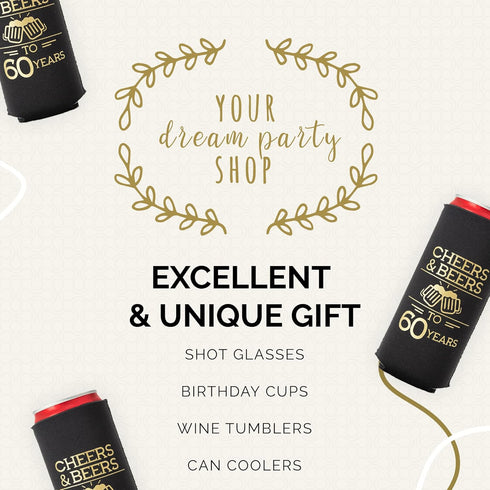 Cheers to 60 Years Can Coolers, Set of 12 - Black and Gold 60th Birthday Party Favors and Decorations for Men and Women