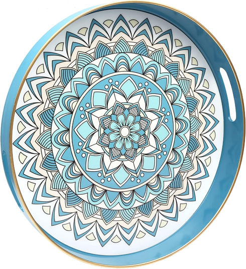 Round Cyan Decorative Tray for Coffee Table, Ottoman, 13 Plastic Serving Platter