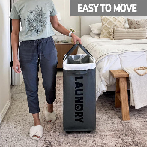 Goodpick 75L Laundry Basket with Wheels, Collapsible Large Hamper, Slim Design with Removable Wash Bag, Grey