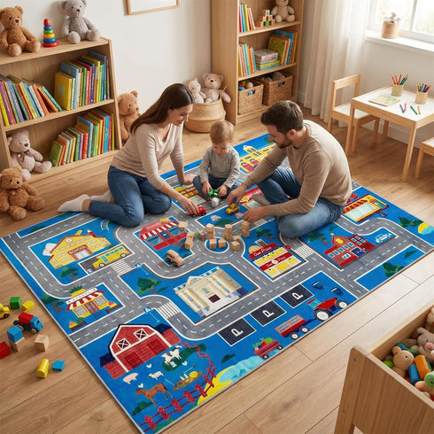47x71in Play Mat Kids Rug for Boys and Girls, Non-Slip Playroom Rug Car Rugs for Kids Toy Cars Kid Classroom Road Rugs
