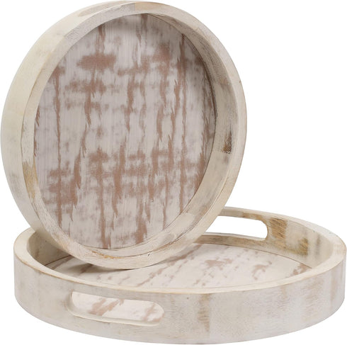 Winlay Decorative Coffee Table Tray, Set of 2 White, Wooden Round Serving Tray