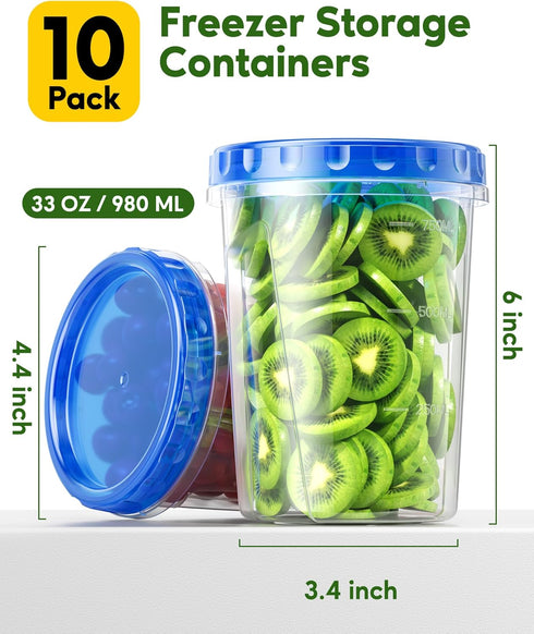 Canfanni 10 Pack-33oz Set, Freezer Storage Containers Plastic Food Storage Containers with Twist Top Lids, BPA Free