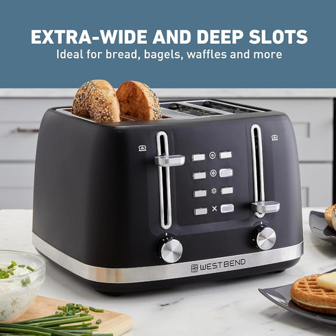West Bend 4 Slice Toaster - Extra-Wide and Deep Slots with 3 Functions, 7 Shade Settings, Black