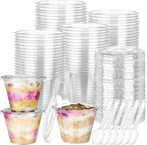 Didaey 200 Pcs 9 oz Clear Plastic Parfait Cups with Flat Lids