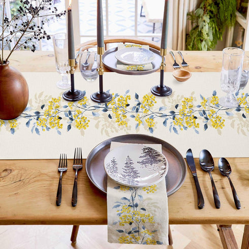 90 Inch Spring Table Runner, Summer Flower Wild Leaves Floral Holiday Dinner Party Decoration for Dining Room