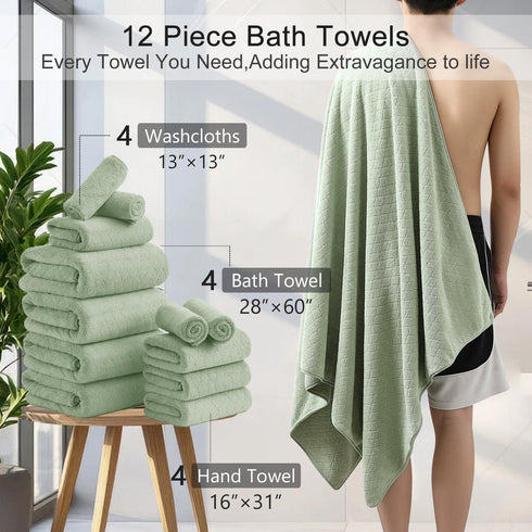 Set 12 (4 Towels,4 Towels,4 100% Pack Luxury Bath Towels - Piece Large Bath Hand Washcloths), Microfiber,Extra