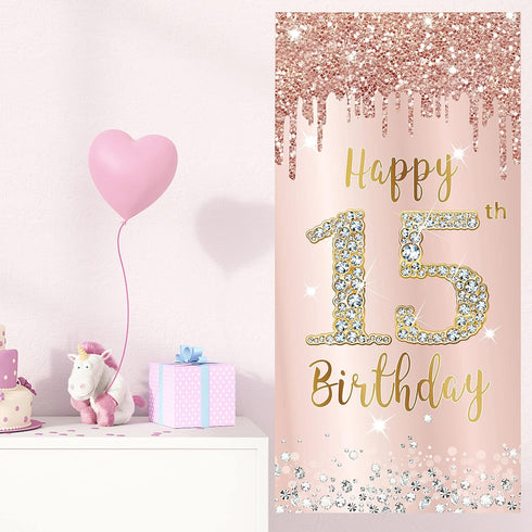 Happy 15th Birthday Door Banner Decorations, Pink Rose Gold 15 Birthday Party Backdrop Sign Supplies