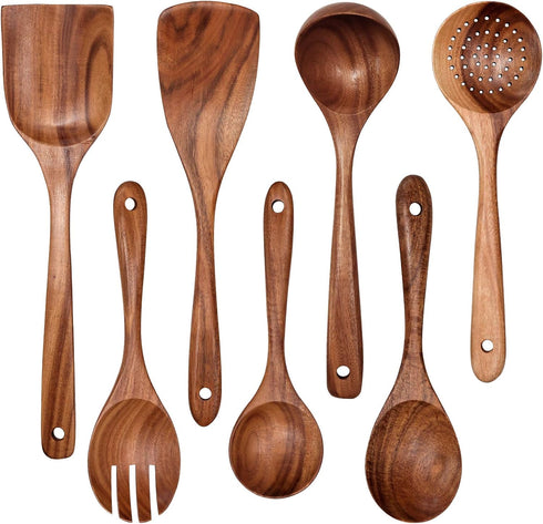 Wooden Non-Stick Kitchen Pan Toolset, 7 Pieces, 100% Natural Teak Cooking Utensils Set