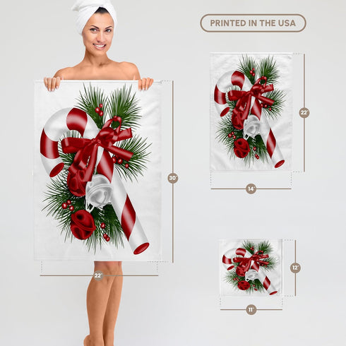 3dRose Towel, Pretty Candy Cane with Bells Illustration Design